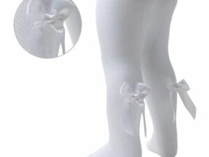 Toddler's legs dressed in white chevron tights with a satin bow attached to the calf.