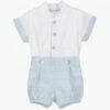 This handsome baby boys striped caulonia short set has a clean cut white button down shirt trimmed with a baby blue striped print material along the face of the shirt and on the cuffed short sleeves. Comes paired with the perfect little baby blue striped shorts. 