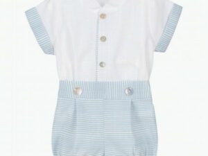 This handsome baby boys striped caulonia short set has a clean cut white button down shirt trimmed with a baby blue striped print material along the face of the shirt and on the cuffed short sleeves. Comes paired with the perfect little baby blue striped shorts. 