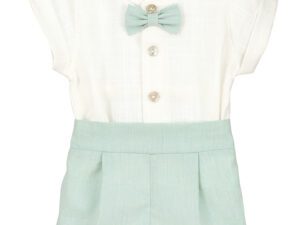 Such a handsome baby boys mint bow tie short set with a button down blouse with cuffed short sleeves and mint colored attached bow tie with a pair of mint colored shorts with a flat front with pleats.