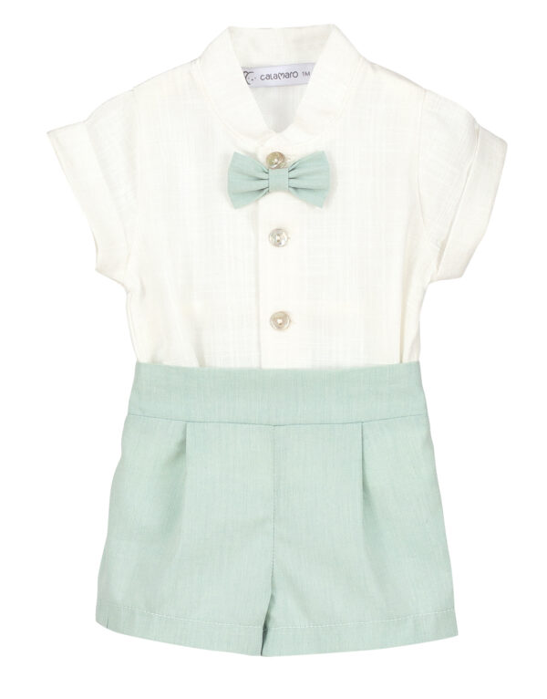 Such a handsome baby boys mint bow tie short set with a button down blouse with cuffed short sleeves and mint colored attached bow tie with a pair of mint colored shorts with a flat front with pleats.