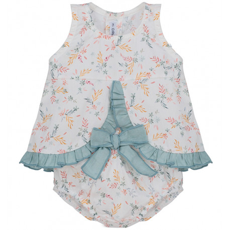 This adorable baby girls two piece spring set features an adorable white sleeveless top with a beautiful dainty pastel floral print trimmed with a sage green ruffle with a button closure back and a matching pair of knickers with a large bow and gathered legs