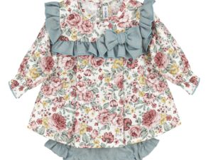 Two piece baby romper set. Featuring a stunning long sleeve sage green and rose colored floral print top with a ruffle trim and bow. The matching sage green bloomers has gathered ruffled legs. On a white background.
