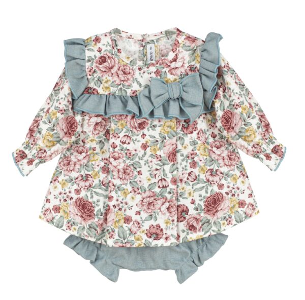 Two piece baby romper set. Featuring a stunning long sleeve sage green and rose colored floral print top with a ruffle trim and bow. The matching sage green bloomers has gathered ruffled legs. On a white background.