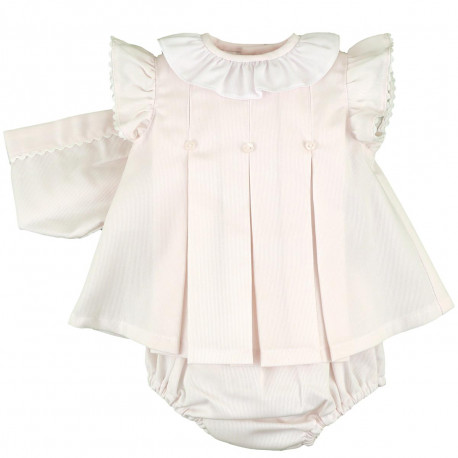 This beautiful and classic soft pink doubled lined baby dress has seamless pleats and decorative buttons with a white ruffled collar and scalloped trimmed capped sleeves with a button closure back and matching bonnet and bloomers.