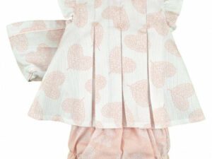 Pleated baby sweetheart dress set has the prettiest white and pink heart pattern with three pleats and buttons with a button closure back, scalloped peter pan collar and ruffled capped sleeve. Comes with a matching bonnet and bloomers on a white background