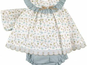 A sweet sleeveless double lined baby dress with sage green, yellow, gray and orange lama and hot air balloon print with a ruffled collar bow and button with a matching bonnet and sage green bloomers with gathered legs on a white background.