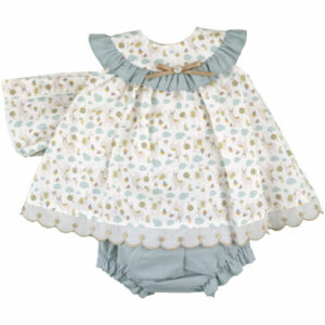 A sweet sleeveless double lined baby dress with sage green, yellow, gray and orange lama and hot air balloon print with a ruffled collar bow and button with a matching bonnet and sage green bloomers with gathered legs on a white background.