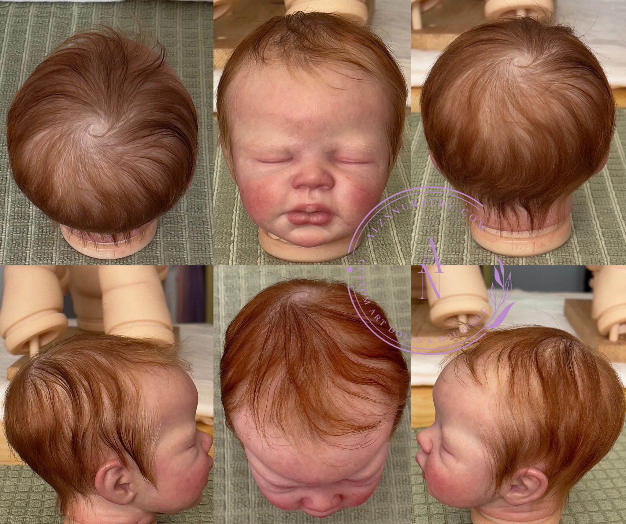 A progression photo showing the different angles of a reborn doll's head having been hand rooted.