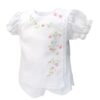 This is such a sweet white with pink baby set with intricate and dainty embroidered pink flowers with pearls, a touch of green embroidered leaves with delicate white lace border trim. The design has puffed and gathered short sleeves, button layered smock with the most beautiful matching ruffled bloomers. 65% polyester 35% cotton Made in Columbia Size- Preemie, Newborn Sold by Alz's Baby Boutique