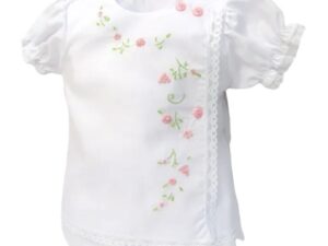 This is such a sweet white with pink baby set with intricate and dainty embroidered pink flowers with pearls, a touch of green embroidered leaves with delicate white lace border trim. The design has puffed and gathered short sleeves, button layered smock with the most beautiful matching ruffled bloomers. 65% polyester 35% cotton Made in Columbia Size- Preemie, Newborn Sold by Alz's Baby Boutique