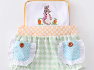 This is an absolutely adorable bib style overall bubble romper with the sweetest embroidered bunny & carrot design. With the cutest multi colored prints, double pockets and ruffles it will be perfect for any occasion. 95% COTTON 5% SPANDEX Size 3m, 6m, 12m Sold by Alz's Baby Boutique