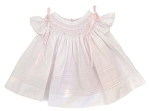 This little Bishop baby dress is absolutely stunning with its ruffled and scalloped short angel sleeves, dainty embroidered flowers, satin ribbons and details. Comes with a duel removable slip lining Simply a gorgeous set!  65% polyester 35% cotton Made in Columbia Size- Newborn Sold by Alz's Baby Boutique