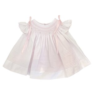 This little Bishop baby dress is absolutely stunning with its ruffled and scalloped short angel sleeves, dainty embroidered flowers, satin ribbons and details. Comes with a duel removable slip lining Simply a gorgeous set!  65% polyester 35% cotton Made in Columbia Size- Newborn Sold by Alz's Baby Boutique