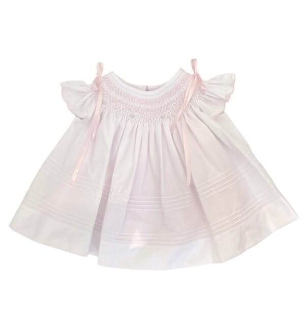 This little Bishop baby dress is absolutely stunning with its ruffled and scalloped short angel sleeves, dainty embroidered flowers, satin ribbons and details. Comes with a duel removable slip lining Simply a gorgeous set!  65% polyester 35% cotton Made in Columbia Size- Newborn Sold by Alz's Baby Boutique