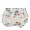 These adorable baby bloomers have the most precious purple, rose, blues and green poppy flower print with gathered legs and a stretchy waist. The back side of the diaper cover has the sweetest white eyelet ruffle with a pale pink trim. Perfect to mix and match with your favorite top. So many possibilities to create the cutest outfit. 100% cotton Made in Spain Size, 1m, 3m, 6m, 12m 