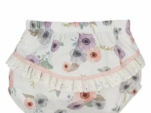 These adorable baby bloomers have the most precious purple, rose, blues and green poppy flower print with gathered legs and a stretchy waist. The back side of the diaper cover has the sweetest white eyelet ruffle with a pale pink trim. Perfect to mix and match with your favorite top. So many possibilities to create the cutest outfit. 100% cotton Made in Spain Size, 1m, 3m, 6m, 12m 
