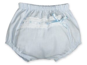 These adorable little baby bloomers have gathered legs and waist with the prettiest lace woven with a satin bow. Perfect diaper cover to pair with your favorite top. 100% cotton Made in Spain Comes in Pink and Baby Blue Size 1m, 3m, 6m, 12m Sold by Alz's Baby Boutique