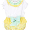 Two piece baby girls romper set. Featuring a white blouse with capped short sleeves with a gathered ruffled design and a double layered ruffled collar having a colorful yellow and mint green check pattern. The bloomers having a sweet yellow blossom print with ruffles and a large bow. 100% Cotton Made in Spain Size 1m, 3m