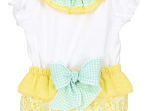 Two piece baby girls romper set. Featuring a white blouse with capped short sleeves with a gathered ruffled design and a double layered ruffled collar having a colorful yellow and mint green check pattern. The bloomers having a sweet yellow blossom print with ruffles and a large bow. 100% Cotton Made in Spain Size 1m, 3m