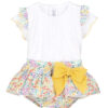 What an refreshing little outfit this baby girls two piece romper set is with its beautiful spring bouquet print design. The white pleated blouse has a layered capped short sleeve with floral print and trimmed in a beautiful yellow. The bloomers have a adorable ruffled shirt design with a colorful print and large yellow bow. 100% cotton What an refreshing little outfit this baby girls two piece romper set is with its beautiful spring bouquet print design. The white pleated blouse has a layered capped short sleeve with floral print and trimmed in a beautiful yellow. The bloomers have a adorable ruffled shirt design with a colorful print and large yellow bow. 100% cotton Made in Spain Size 1m, 3m, 6m, sold by Alz's Baby Boutique