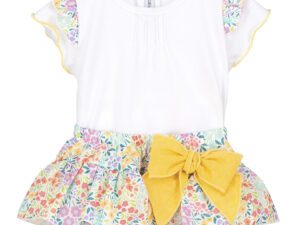 What an refreshing little outfit this baby girls two piece romper set is with its beautiful spring bouquet print design. The white pleated blouse has a layered capped short sleeve with floral print and trimmed in a beautiful yellow. The bloomers have a adorable ruffled shirt design with a colorful print and large yellow bow. 100% cotton What an refreshing little outfit this baby girls two piece romper set is with its beautiful spring bouquet print design. The white pleated blouse has a layered capped short sleeve with floral print and trimmed in a beautiful yellow. The bloomers have a adorable ruffled shirt design with a colorful print and large yellow bow. 100% cotton Made in Spain Size 1m, 3m, 6m, sold by Alz's Baby Boutique