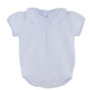 This is such an adorable bodysuit that has the most delicate tiny textured dots, gathered capped short sleeves, ruffled collar and a snap closure. this little onesie is a perfect piece to pair with your favorite bottoms of any kind. 100% cotton Made in Spain Comes in pink and white Size 1m, 3m, 6m, 12m Sold by Alz's Baby Boutique