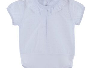 This is such an adorable bodysuit that has the most delicate tiny textured dots, gathered capped short sleeves, ruffled collar and a snap closure. this little onesie is a perfect piece to pair with your favorite bottoms of any kind. 100% cotton Made in Spain Comes in pink and white Size 1m, 3m, 6m, 12m Sold by Alz's Baby Boutique