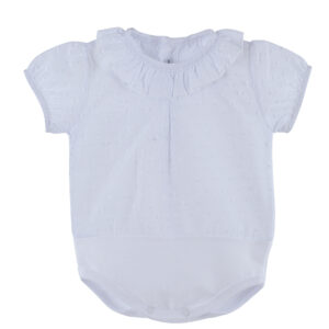 This is such an adorable bodysuit that has the most delicate tiny textured dots, gathered capped short sleeves, ruffled collar and a snap closure. this little onesie is a perfect piece to pair with your favorite bottoms of any kind. 100% cotton Made in Spain Comes in pink and white Size 1m, 3m, 6m, 12m Sold by Alz's Baby Boutique