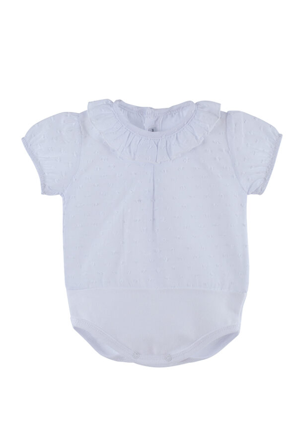 This is such an adorable bodysuit that has the most delicate tiny textured dots, gathered capped short sleeves, ruffled collar and a snap closure. this little onesie is a perfect piece to pair with your favorite bottoms of any kind. 100% cotton Made in Spain Comes in pink and white Size 1m, 3m, 6m, 12m Sold by Alz's Baby Boutique