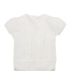 Your baby will look so cute in this white bodysuit. The details are simply adorable with the short gathered capped sleeves and the eyelet scallop trim design down the chest with a snap bottom closure. Pair with just about any pair of your favorite bloomers or pants. 100% Cotton Made in Spain Three varieties available to choose from White on white, Pink on white, Baby blue on white Size 1m, 3m, 6m, 12m Sold by Alz's Baby Boutique