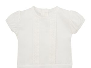 Your baby will look so cute in this white bodysuit. The details are simply adorable with the short gathered capped sleeves and the eyelet scallop trim design down the chest with a snap bottom closure. Pair with just about any pair of your favorite bloomers or pants. 100% Cotton Made in Spain Three varieties available to choose from White on white, Pink on white, Baby blue on white Size 1m, 3m, 6m, 12m Sold by Alz's Baby Boutique