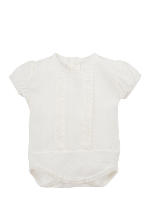 Your baby will look so cute in this white bodysuit. The details are simply adorable with the short gathered capped sleeves and the eyelet scallop trim design down the chest with a snap bottom closure. Pair with just about any pair of your favorite bloomers or pants. 100% Cotton Made in Spain Three varieties available to choose from White on white, Pink on white, Baby blue on white Size 1m, 3m, 6m, 12m Sold by Alz's Baby Boutique