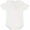 This adorable white bodysuit has capped short sleeves, a large ruffle neckline design and snap bottom closure. Such a beautiful little onesie, perfect to wear alone or to pair with your favorite bottoms. 100% cotton Made in Spain Size 3m  Sold by Alz's Baby Boutique