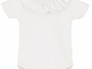 This adorable white bodysuit has capped short sleeves, a large ruffle neckline design and snap bottom closure. Such a beautiful little onesie, perfect to wear alone or to pair with your favorite bottoms. 100% cotton Made in Spain Size 3m  Sold by Alz's Baby Boutique