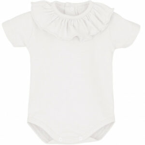 This adorable white bodysuit has capped short sleeves, a large ruffle neckline design and snap bottom closure. Such a beautiful little onesie, perfect to wear alone or to pair with your favorite bottoms. 100% cotton Made in Spain Size 3m  Sold by Alz's Baby Boutique