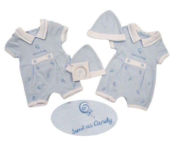 This tiny baby's romper set has a white pointed collar with a blue accent trim. The baby blue body has a cute embroidered candy design with button details and white trim. Has a button fastening back and snap closure legs. Comes with an adorable little baby cap. Perfect for your preemie. 65% polyester 35% cotton knit Made in the UK Size 3-5lbs, 5-8lbs Sold by Alz's Baby Boutique.