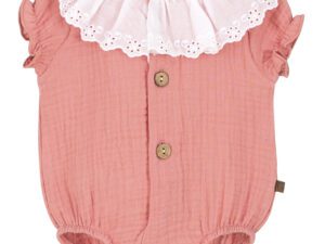 This beautiful baby bodysuit has a large white gathered and ruffled eyelet cut collar with a solid textured rose colored one piece capped short sleeve romper. Decorated with two wooden buttons. 100% cotton Made in Spain Size 1m, 3m, 6m, Sold by Alz's Baby Boutique