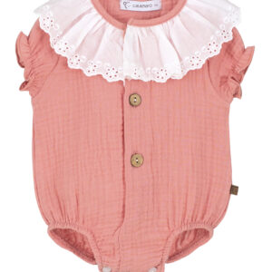 This beautiful baby bodysuit has a large white gathered and ruffled eyelet cut collar with a solid textured rose colored one piece capped short sleeve romper. Decorated with two wooden buttons. 100% cotton Made in Spain Size 1m, 3m, 6m, Sold by Alz's Baby Boutique