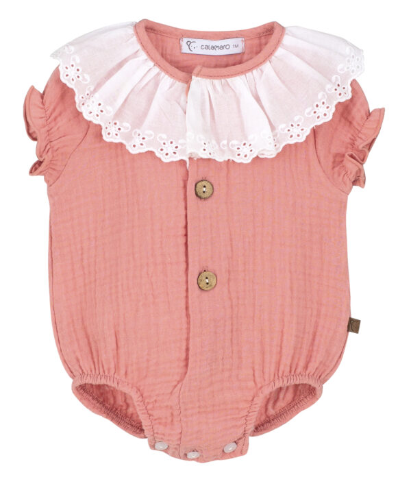 This beautiful baby bodysuit has a large white gathered and ruffled eyelet cut collar with a solid textured rose colored one piece capped short sleeve romper. Decorated with two wooden buttons. 100% cotton Made in Spain Size 1m, 3m, 6m, Sold by Alz's Baby Boutique