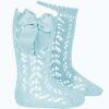 These are absolutely lovely openwork knee-high baby socks with an adorable large side bow. Perfect for baby to wear especially in spring-summer season. Comes in multiple colors. Size- Newborn 100 % cotton  Made in Spain Sold by Alz's Baby Boutique