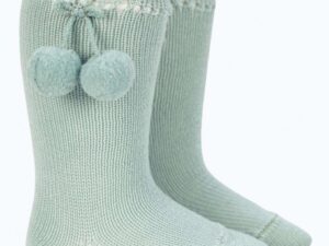 These are absolutely adorable perle baby knee-high socks. Having the cutest pom pom side tassels in a mist green color. Perfect for spring and summer for any attire. Newborn in size 100% cotton Made in Spain Sold by Alz's Baby Boutique