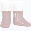 These are adorable scalloped baby ankle socks have a beautiful trim with a delicate knit pattern 70% cotton 30% nylon-knitted Made in Spain Newborn in size Sold by Alz's baby Boutique
