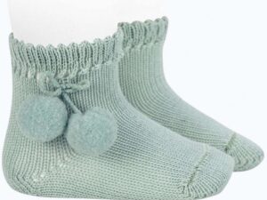 New adorable baby ankle socks in a warm cotton perle with pompoms on the sides. Comes in a variety of colors. 100% cotton Newborn in size Made in Spain Sold by Alz's Baby Boutique