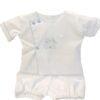 This is the most adorable white and blue baby boy wrap set with shadow embroidered blue airplane, with an elegant blue scalloped border trim, cuffed short sleeves, blue buttons and gathered trim on the legs of the bloomers. Simply stunning! 65% polyester 35% cotton Made in Columbia Size- Preemie Sold by Alz's Baby Boutique