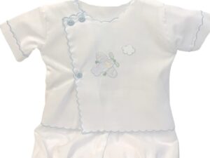 This is the most adorable white and blue baby boy wrap set with shadow embroidered blue airplane, with an elegant blue scalloped border trim, cuffed short sleeves, blue buttons and gathered trim on the legs of the bloomers. Simply stunning! 65% polyester 35% cotton Made in Columbia Size- Preemie Sold by Alz's Baby Boutique