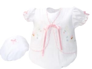 This sweet white pink baby bubble set, has beautiful classic shadow embroidered butterflies and flower details, pink scallop border trim and ties in the front with a delicate satin pink bow. Includes adorable vintage style hat! Available Preemie and Newborn. Made in Columbia Sold by Alz's Baby Boutique