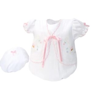 This sweet white pink baby bubble set, has beautiful classic shadow embroidered butterflies and flower details, pink scallop border trim and ties in the front with a delicate satin pink bow. Includes adorable vintage style hat! Available Preemie and Newborn. Made in Columbia Sold by Alz's Baby Boutique