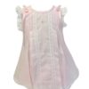 This is an absolutely beautiful pink dress with embroidered pink flowers with tiny white pearl accent, delicate white ribbon eyelet lace inserted vertically and on borders. This set has sweet white and pink ribbon details, ruffled capped sleeves and pleated throughout with button down back. Includes the sweetest matching bloomers. 65% polyester 35% cotton Made in Columbia Size- Newborn Sold by Alz's Baby Boutique
