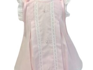 This is an absolutely beautiful pink dress with embroidered pink flowers with tiny white pearl accent, delicate white ribbon eyelet lace inserted vertically and on borders. This set has sweet white and pink ribbon details, ruffled capped sleeves and pleated throughout with button down back. Includes the sweetest matching bloomers. 65% polyester 35% cotton Made in Columbia Size- Newborn Sold by Alz's Baby Boutique